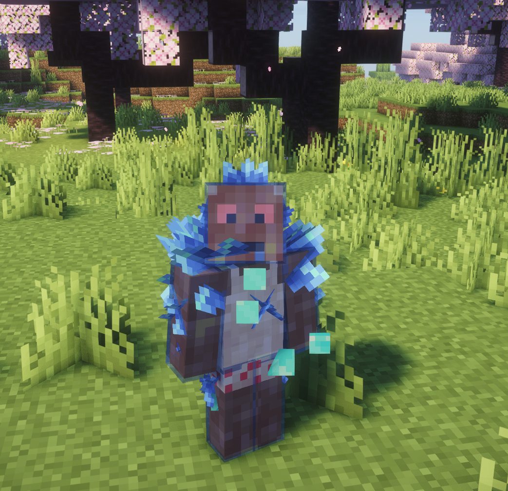 Ein Spieler mit blauen Diamant-Kristallen auf Kopf und Schultern